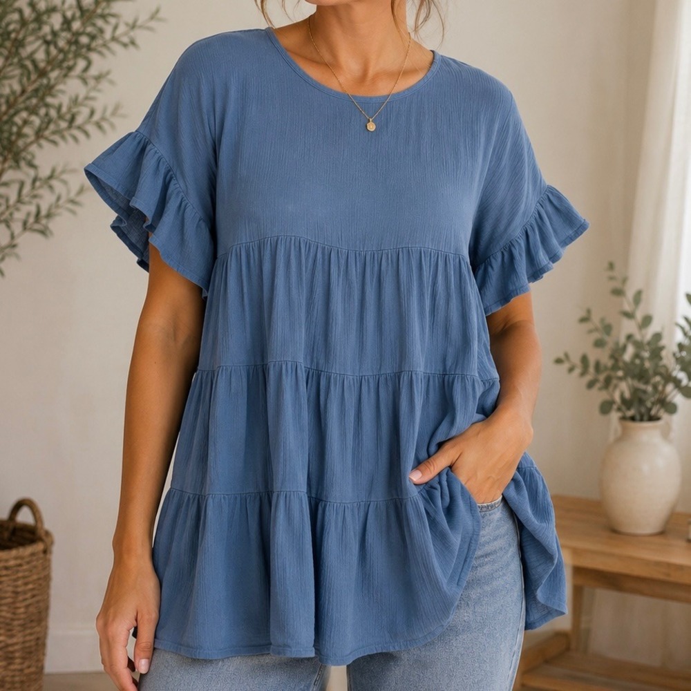 Love Kuza Blue Tiered Babydoll Blouse Ruffle Sleeve Boho Peasant S Cottgecore